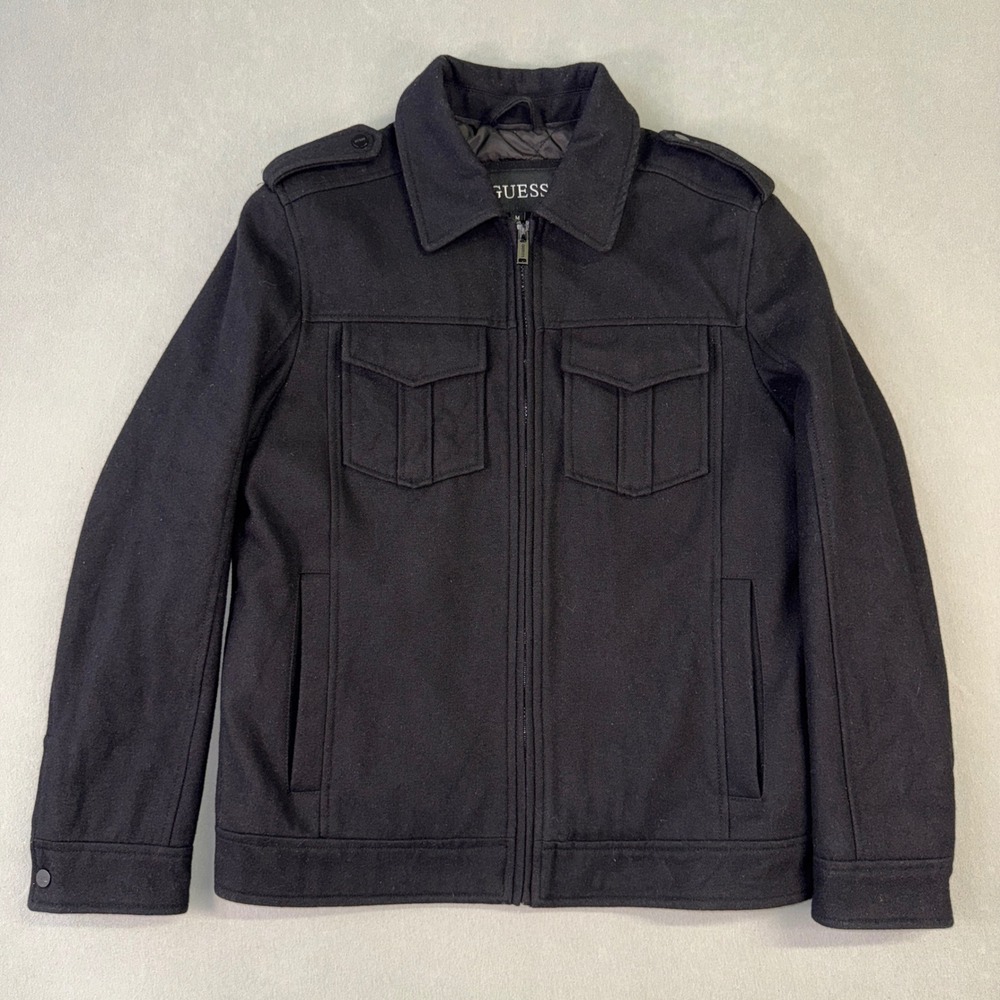 Guess Mens Wool Blend Military Field Jacket Black Full Zip Quilted Lined Medium